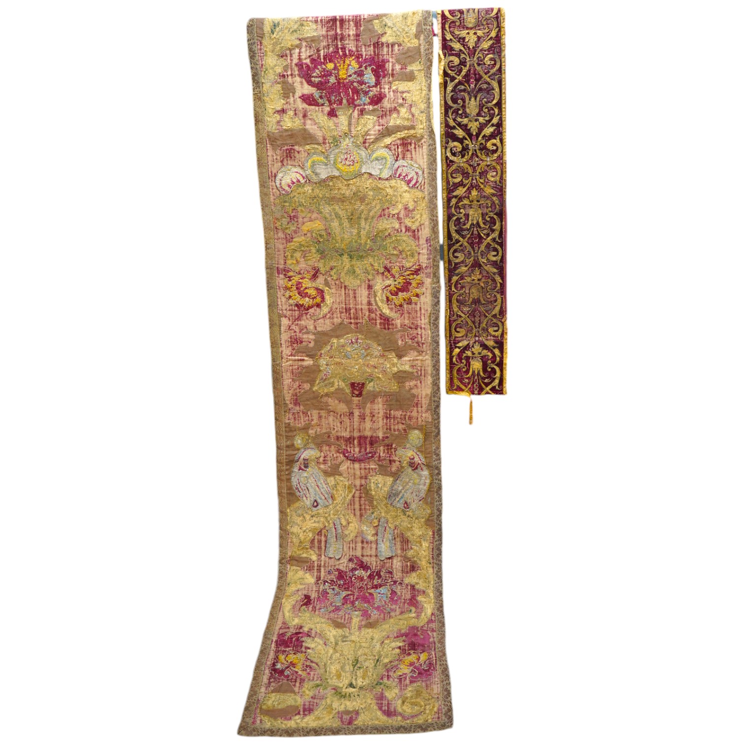 A fine Italian Renaissance style velvet, embroidered and appliqué wall hanging, originally part of a pilaster hanging, made with crimson silk velvet, gold appliqué and colourful polychrome silk embroideries of parrots an